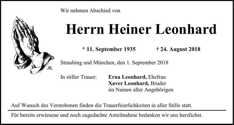 Traueranzeige Heiner Leonhard