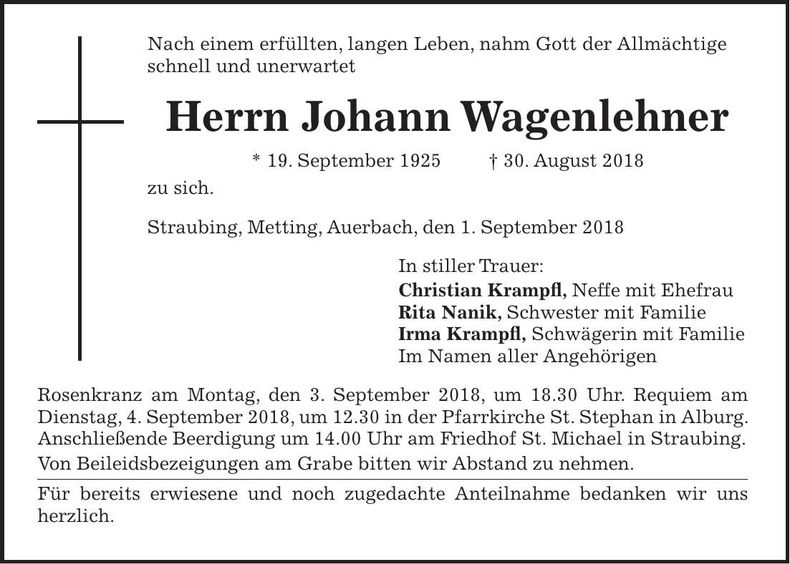 Traueranzeige Johann Wagenlehner