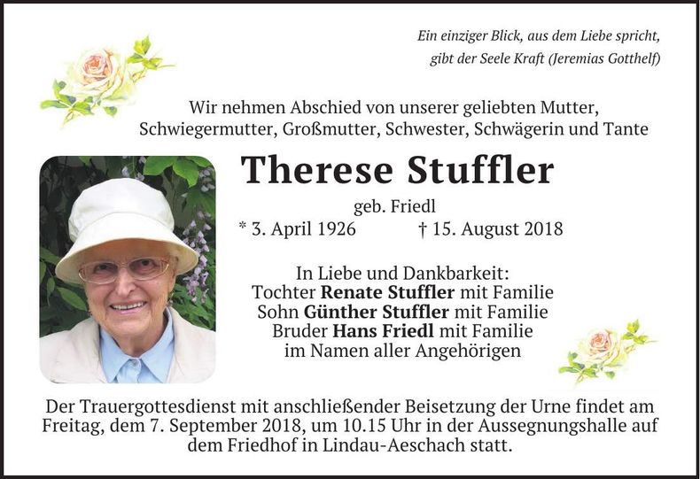 Traueranzeige Therese Stufler