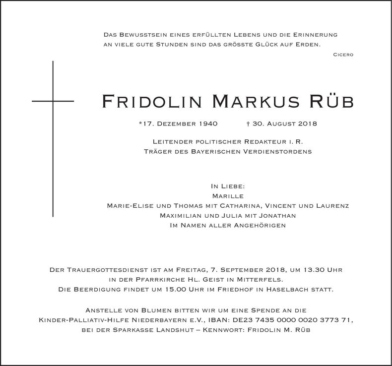 Traueranzeige Fridolin Markus Rüb