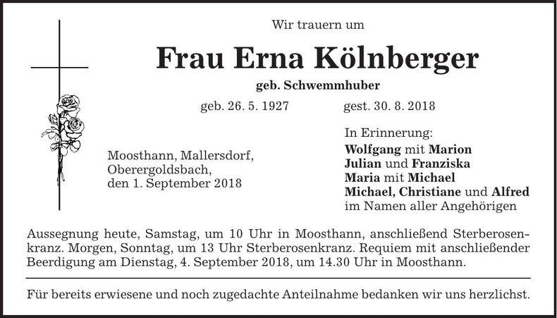 Traueranzeige Erna Kölnberger