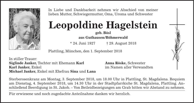 Traueranzeige Leopoldine Hagelstein