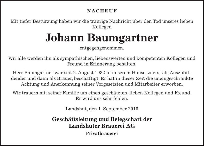 Traueranzeige Johann Baumgartner