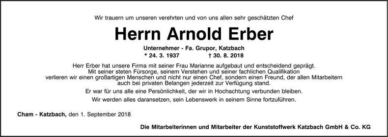 Traueranzeige Arnold Erber