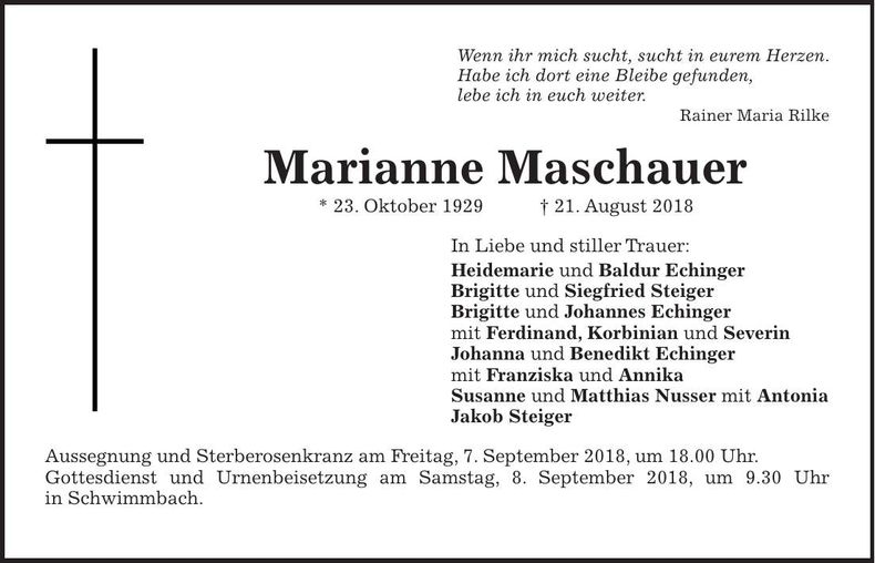 Traueranzeige Marianne Maschauer