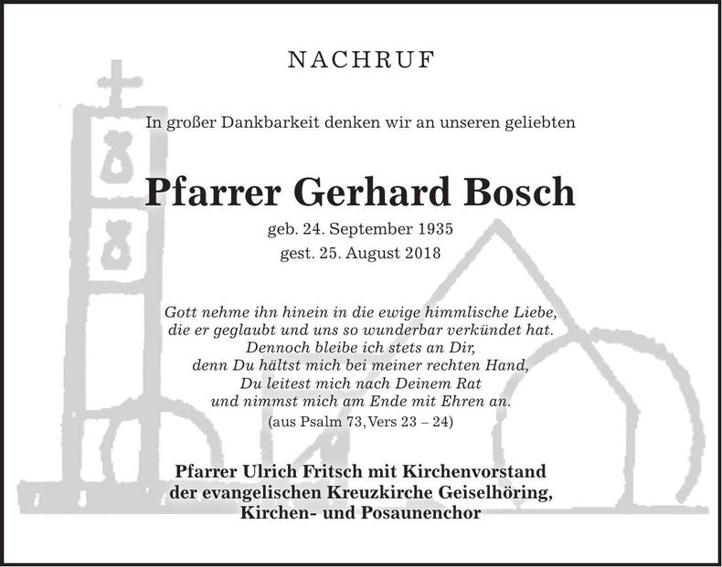 Traueranzeige Gerhard Pfarrer Bosch