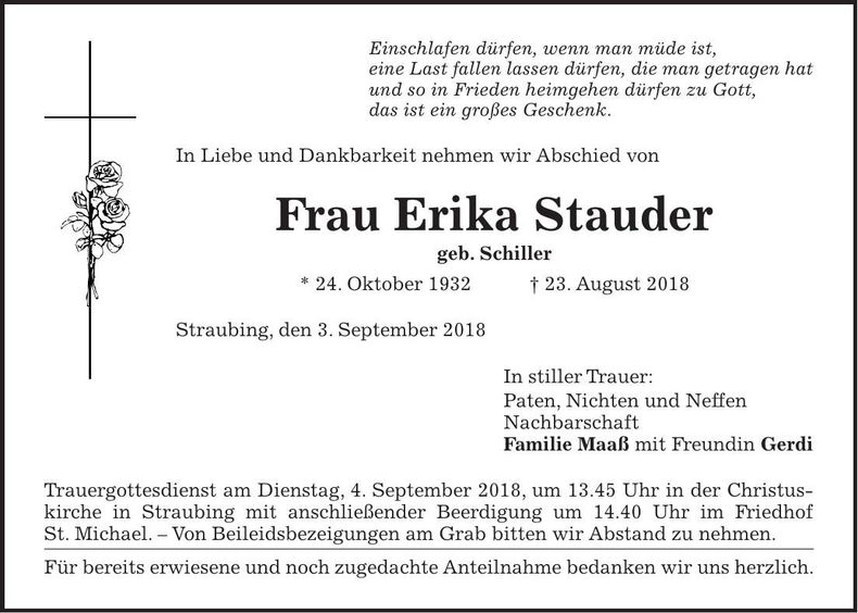 Traueranzeige Erika Stauder