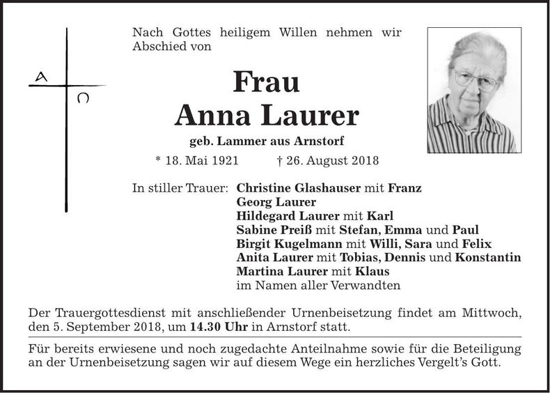 Traueranzeige Anna Laurer