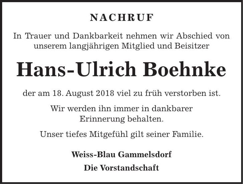 Traueranzeige Hans-Ulrich Boehnke