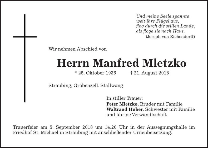 Traueranzeige Manfred Mletzko