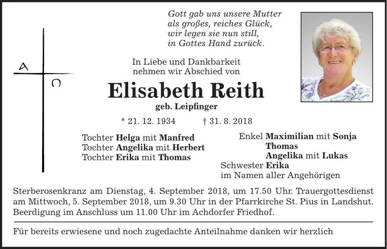 Traueranzeige Elisabeth Reith