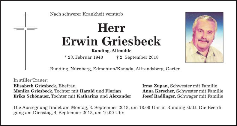 Traueranzeige Erwin Griesbeck