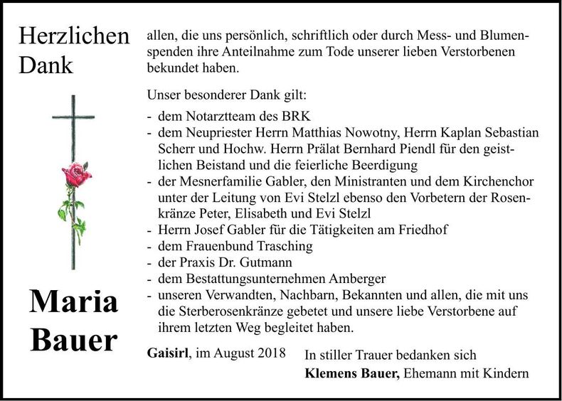 Traueranzeige Maria Bauer