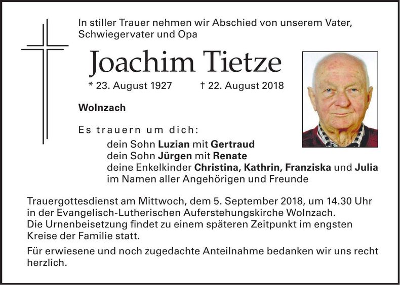 Traueranzeige Joachim Tietze
