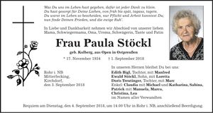Traueranzeige Paula Stöckl