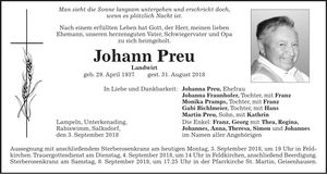 Traueranzeige Johann Preu