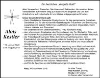 Traueranzeige Alois Kestler
