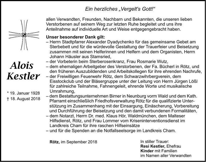 Traueranzeige Alois Kestler