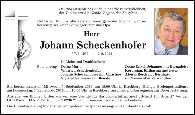 Traueranzeige Johann Scheckenhofer