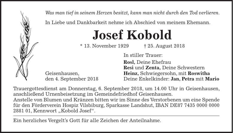 Traueranzeige Josef Kobold