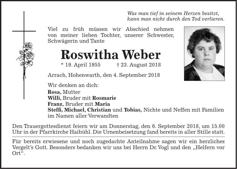 Traueranzeige Roswitha Weber