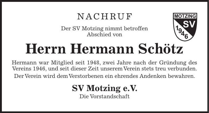 Traueranzeige Hermann Schötz