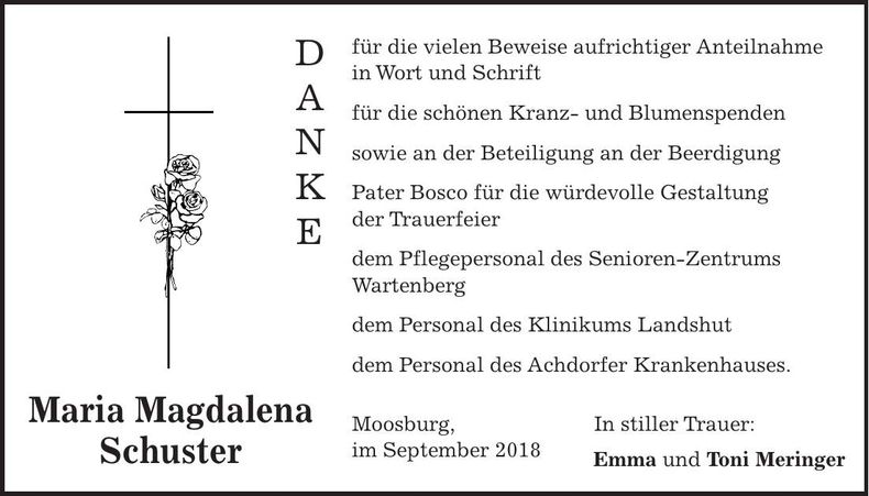 Traueranzeige Maria Magdalena Schuster