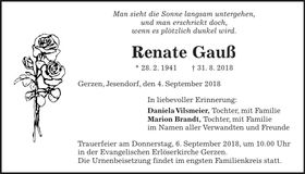 Traueranzeige Renate Gauß