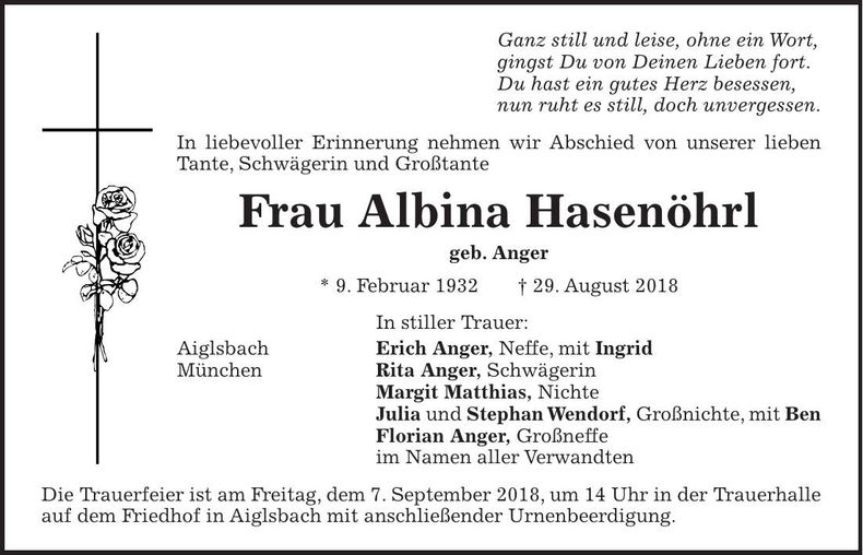 Traueranzeige Albina Hasenöhrl