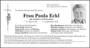 Traueranzeige Paula Eckl
