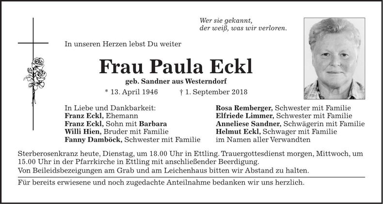 Traueranzeige Paula Eckl