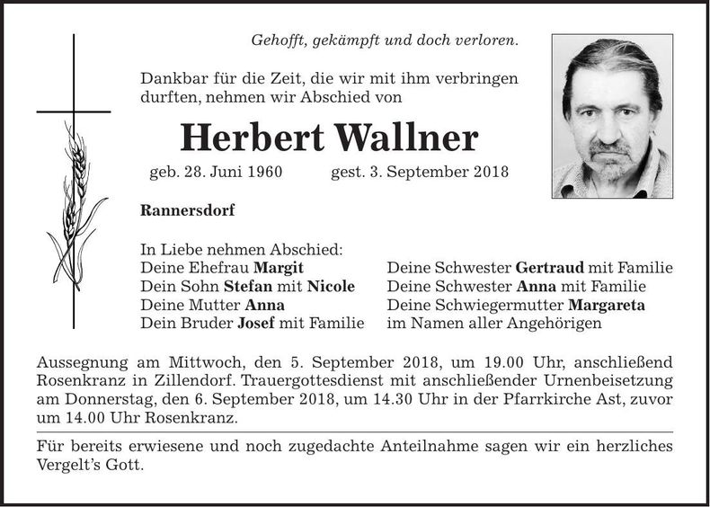 Traueranzeige Herbert Wallner