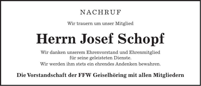 Traueranzeige Josef Schopf