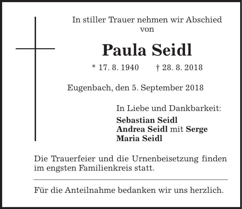 Traueranzeige Paula Seidl