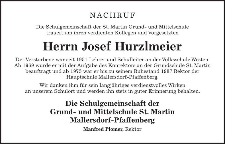 Traueranzeige Josef Hurzlmeier