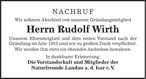 Traueranzeige Rudolf Wirth