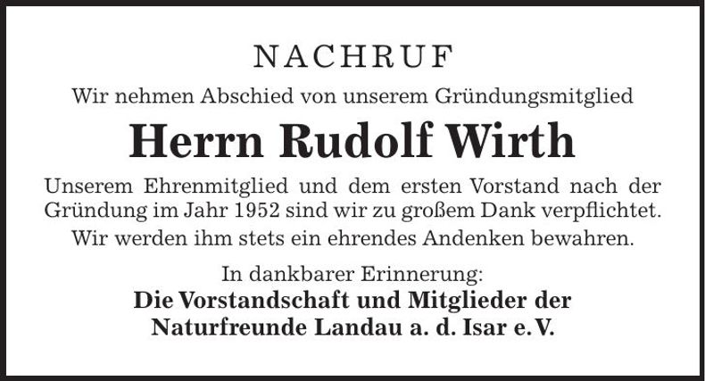Traueranzeige Rudolf Wirth