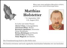 Traueranzeige Matthias Hofstetter
