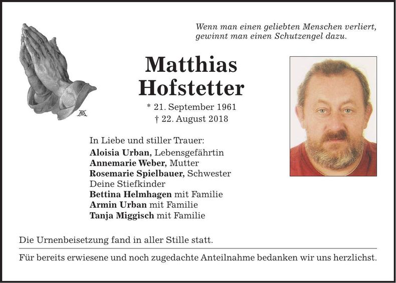 Traueranzeige Matthias Hofstetter
