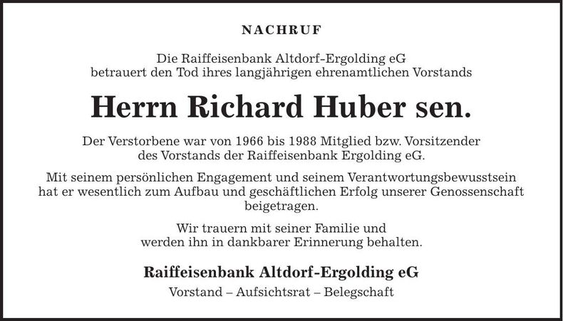 Traueranzeige Richard Huber