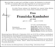 Traueranzeige Franziska Kamhuber