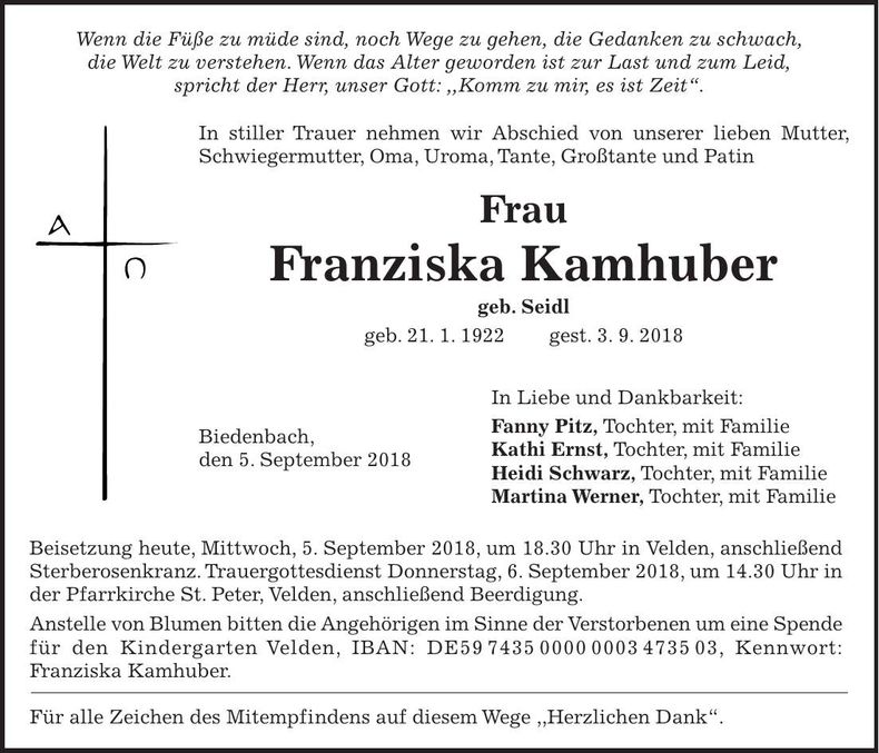 Traueranzeige Franziska Kamhuber