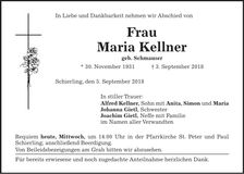 Traueranzeige Maria Kellner