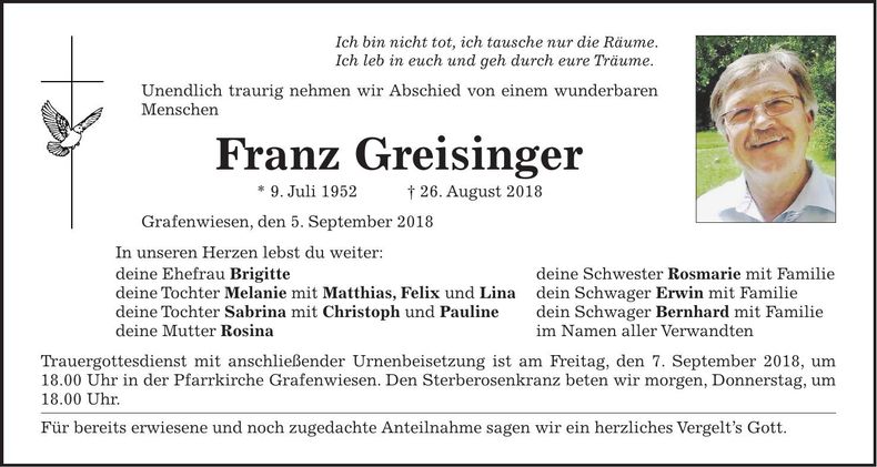 Traueranzeige Franz Greisinger