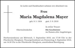 Traueranzeige Maria Magdalena Mayer
