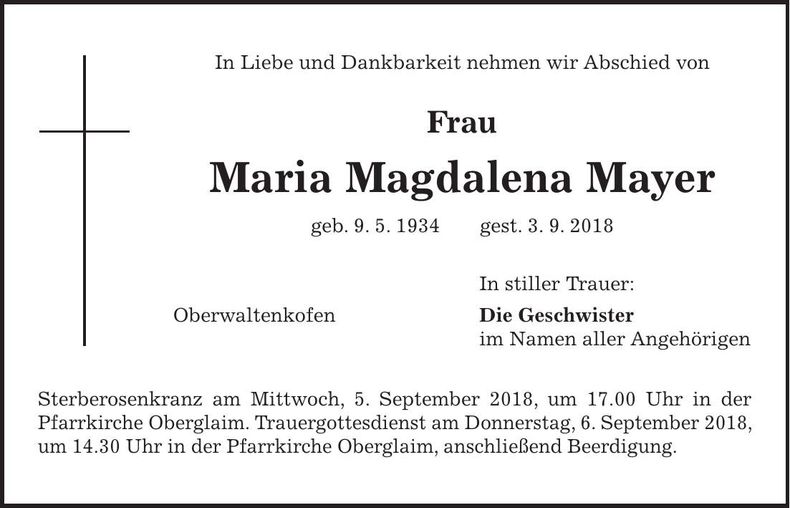 Traueranzeige Maria Magdalena Mayer