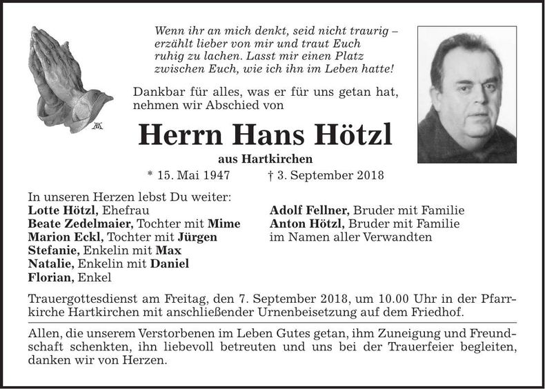 Traueranzeige Hans Hötzl