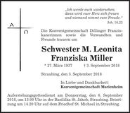 Traueranzeige Schwester M. Leonita Miller Franziska