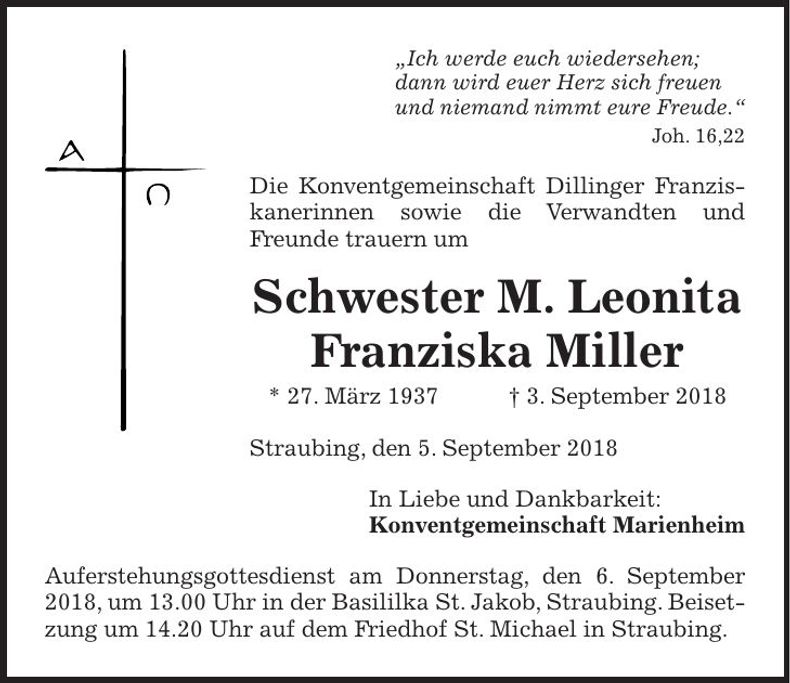 Traueranzeige Schwester M. Leonita Miller Franziska