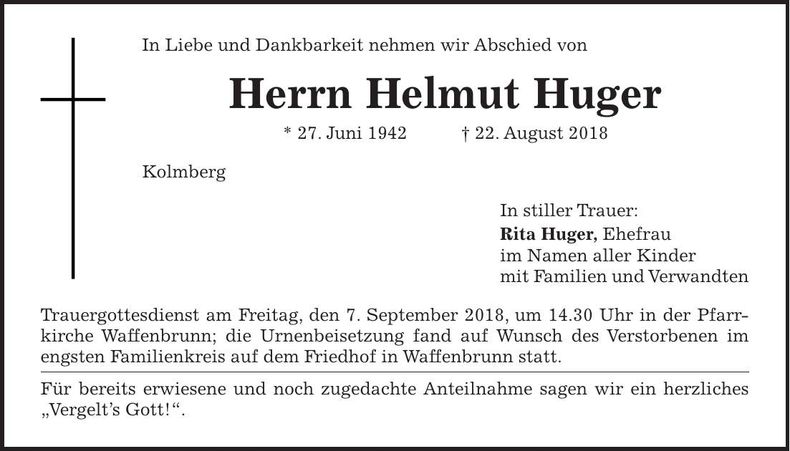 Traueranzeige Helmut Huger